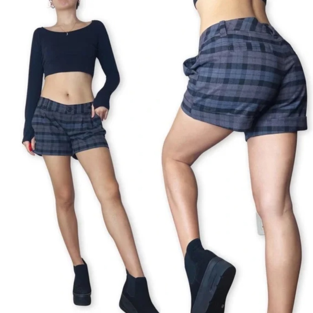 Frenchi Blue, Grey, and Black Mini Low Rise Plaid Shorts